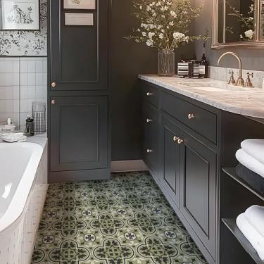 Imagem de Alwayspon Retire e cole azulejos de vinil 30,5 x 30,5 cm 12 peças, adesivo autoadesivo para Kithchen banheiro sala de jantar quarto decoração de casa DIY, verde sálvia preto floral