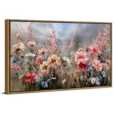 Imagem de Arte de parede floral rosa abstrata flor decoração de parede para sala de estar quarto arte de parede vintage flores silvestres imagens em tela impressões florais arte emoldurada moderna decoração de