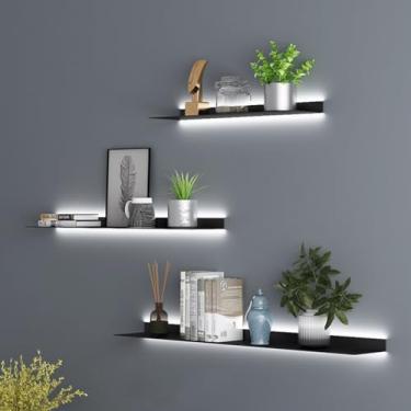 Imagem de Conjunto de 3 prateleiras de parede flutuantes de parede, prateleiras de exibição de metal com luz LED criativa, para prateleira de plantas ou estante de livros, cozinha de escritório, 150 x 15 x 6 cm