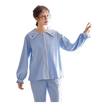 Imagem de HHHJQFAAT Pijama feminino plus size conjunto de pijama primavera lapela versão solta pijama desenho animado noturno (azul médio)