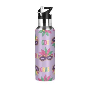 Imagem de Wassud Garrafa de água com acabamento dourado máscaras de baile de máscaras de aço inoxidável garrafa de água esportiva com canudo garrafas de água isoladas copo portátil de viagem 623 g