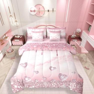 Imagem de Conjunto de edredom de 7 peças, solteiro, com glitter, rosa, gradiente de ouro rosa, para crianças, adolescentes, moderno, com estampa de diamante brilhante e lençol de cama