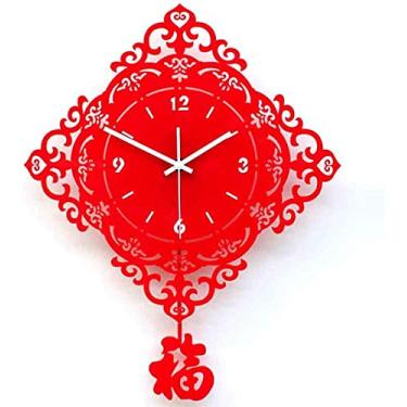 Imagem de Relógio giratório de cristal estilo chinês relógio silencioso relógio de parede arte vermelha