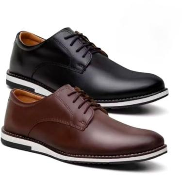 Imagem de Conjunto de sapatos Oxford Derby para homem (2 pares) — Couro premium, elegantes e confortáveis, adequados para ocasiões formais (Preto e Marrom,44)