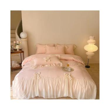 Imagem de Conjunto de cama de renda estilo francês com laço de babados 3/4 peças macio aconchegante microfibra romântica conjunto de capa de edredom (rosa, Queen 200 x 230 4 peças)