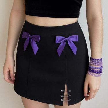 Imagem de Saia com Laços Roxo e Alfinetes Fenda Cuttie Kawaii Moda Coreana Cor:P
