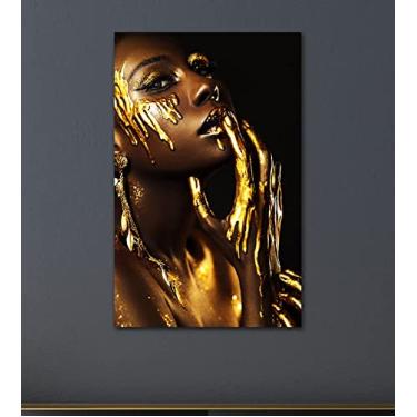 Imagem de Tela Quadro Negra Africana Dourado Decoração Sala Quarto Escritório Consultório 100x60cm