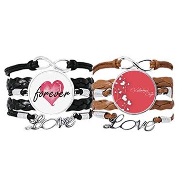 Imagem de DIYthinker White Hearts Vines Pulseira rosa para o Dia dos Namorados Pulseira de Mão Corda de Couro Forever Love Conjunto Duplo