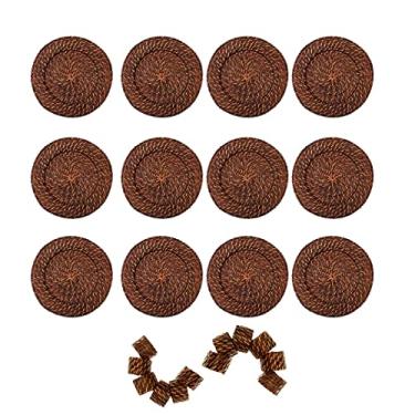Imagem de kit 12 Sousplat com 12 anel Redondo Marrom em Rattan e Bambu Rústico Artesanal 32cm