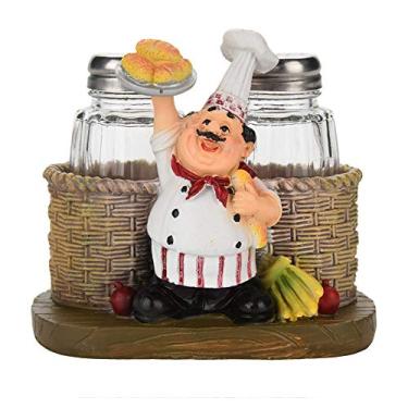 Imagem de Estatueta Do Chef Saleiro E Pimenta Conjunto De Artesanato Em Resina Estátua Do Chef Bonito Suporte Para Garrafas De Sal E Pimenta Enfeites Decoração De Casa Cozinha Restaurante Decoração(B)