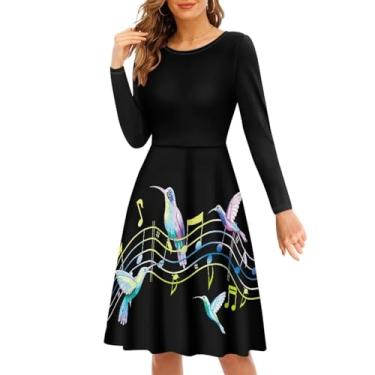 Imagem de Gzzxiailg Vestidos femininos de outono manga longa cintura alta midi vestido de noite moderno gola redonda vestido de festa flare plus size S-4XL, Notas musicais de beija-flor, M