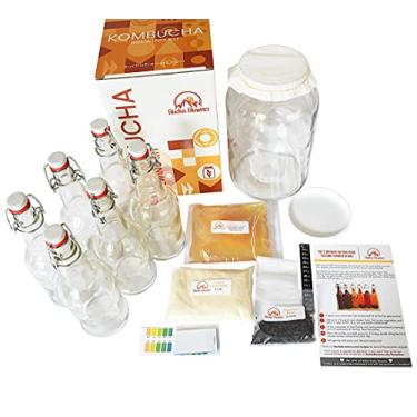 Imagem de Bucha Brewers Kit Kombucha de luxo para iniciantes com Kombucha SCOBY e chá iniciante, kit completo de kombucha com garrafas, garrafas de vidro, kit de preparação de kombucha + 6 garrafas para dar