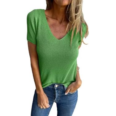Imagem de Allimy Suéter feminino de malha de manga curta tops de verão 2024 roupas camisetas modernas, Verde, GG