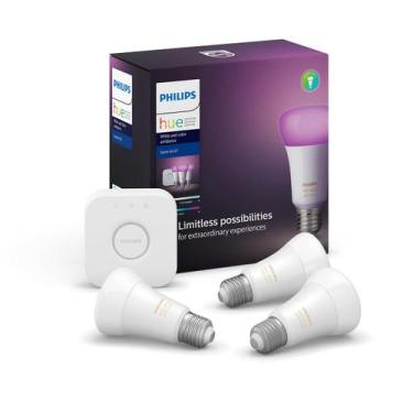 Imagem de Philips Hue Starter Kit com 3 Lâmpadas 9W E27 + Hue Bridge Hub, 110V, 