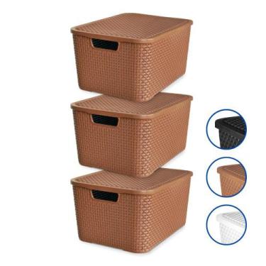 Imagem de Kit 3 Caixas Cesto Rattan Organizadora c/ Tampa 15L 34x26 - Arqplast, 
