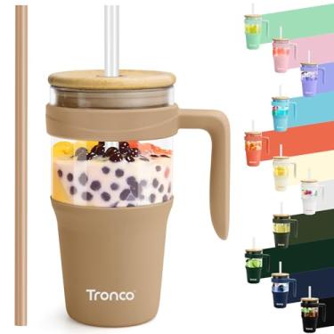 Imagem de Copo de vidro Tronco, 950 ml, com alça, canudo e tampa de bambu, cabe no porta-copos, copo para café gelado e smoothie, sem BPA, próprio para lava-louças (cáqui)