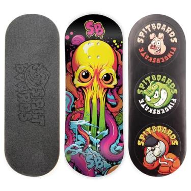 Imagem de SPITBOARDS® 34mm Fingerboard Deck - Real Wood (5-Layers) Classic Popsicle Street Shape - Size: 34 x 96 mm - Single Graphic Deck (Real Wear) - Optimized Concave - Alien-Octopus
