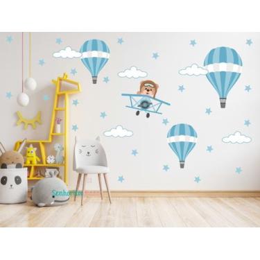 Imagem de Adesivo De Parede Balão Urso Aviador Nuvem Estrela Capacete - SENHORIT