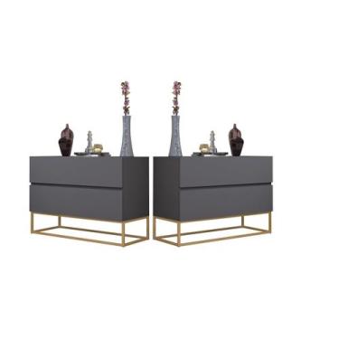 Imagem de Kit Mesas de Cabeceira Cinza/Dourado Estilo Industrial com Pés De Ferr