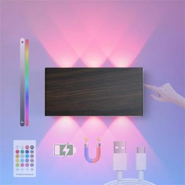 Imagem de Luminária de parede colorida RGB alimentada por bateria com arandelas magnéticas LED reguláveis por toque com controle remoto, luz de parede recarregável por USB, iluminação de parede sem fi