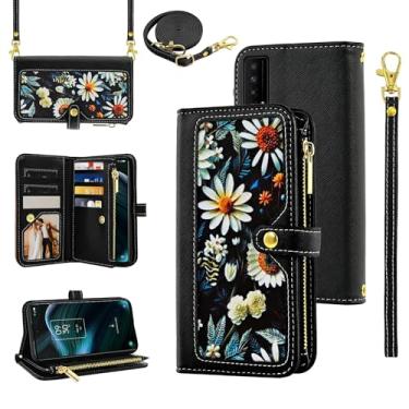 Imagem de Furiet Capa carteira floral para TCL Stylus 5G 2022 com alça de pulso alça de ombro flip com zíper, suporte de cartão de crédito de couro PU de luxo para celular TLC Stylo G5 6.81 T779W feminino preto