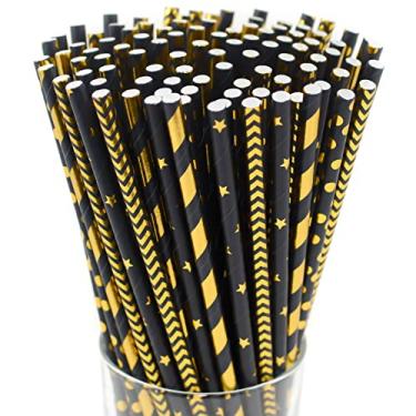 Imagem de Black Gold Straws, Metallic Gold Paper Cocktail Straws 100 - Black Gold Striped Star Cake Pop Sticks, Disposable Drinking Straws for Bar Wedding Anniversary Birthday Bridal Shower Party, Crafts