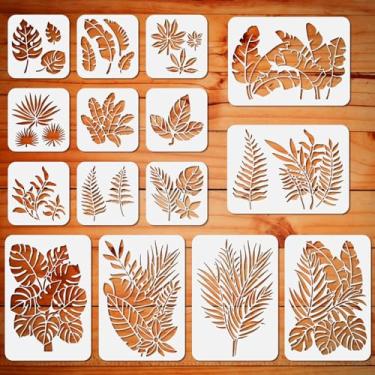 Imagem de ORIGACH 15 peças de estêncil de folhas tropicais reutilizáveis, folhas de samambaia, monstera, folha de palmeira, tartaruga, pintura para pintura, linóleo, piso, parede, madeira, decoração de cimento