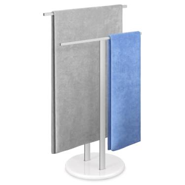 Imagem de Toalheiro de pé com base de mármore branco, suporte de toalha de 2 camadas para piso de banheiro, design estável atualizado, suporte de secagem de toalhas em forma de T, aço inoxidável SUS304 (níquel