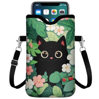 Imagem de IRADA Bolsa de neoprene para celular com alça transversal e cordão de pescoço para mulheres e homens 19 x 11 cm - bolsa de telefone universal floral preta à prova de choque