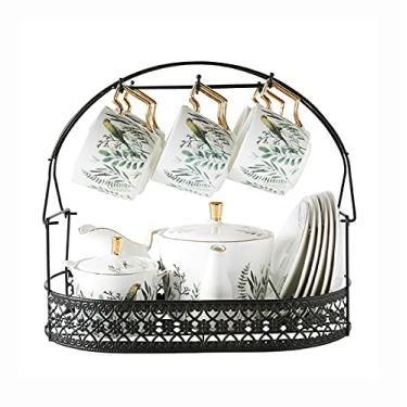 Imagem de AKALNNB Conjunto de 15 peças de chá de cerâmica para xícara de café e pires da tarde da China com suporte de metal papagaio e plantas verdes, bule de chá
