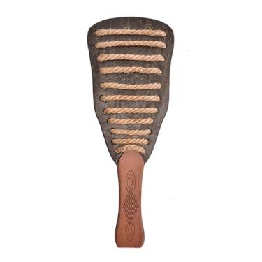 Imagem de YY GEWETAO Raquete de couro genuíno com corda de cânhamo e cabo de madeira antiderrapante, corte de equitação para cavalos, equestre de 35 cm (couro)