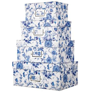 Imagem de Briful Caixas de armazenamento de porcelana azul e branca com tampas, conjunto de 4 – Organizador de caixa de armazenamento de fotos de cartão decorativo chinoiserie, caixa de papelão para armário