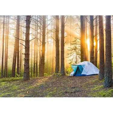 Imagem de SADFA Cenário de acampamento 2,1 x 1,5 m, barraca de acampamento para turismo, amanhecer em uma floresta nebulosa, fundos para acampamento, tema de acampamento, decoração de festa, adereços de cabine