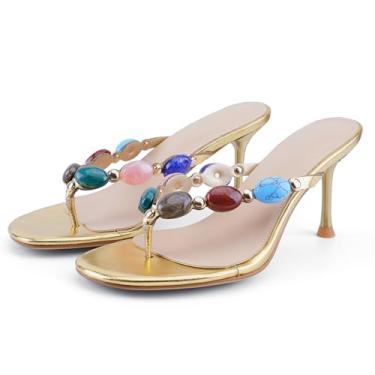 Imagem de VOZTOLLS Chinelo de salto para mulheres, salto dental, bico redondo, aberto e com joias, sandálias de salto alto para o verão, vestido de festa de casamento, sandálias de salto alto, Dourado, 40