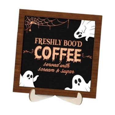 Imagem de Wswqop Placa de decoração de mesa de Halloween, decoração de cafeteria, placa de madeira para mesa de café com fantasma assustador para casa, prateleira de, Style F