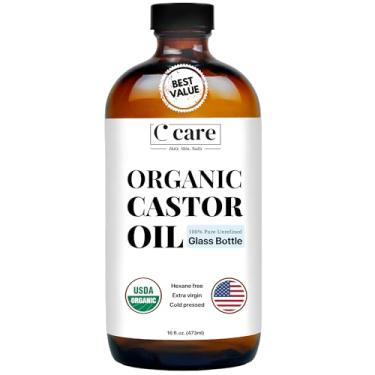 Imagem de C CARE Castor Oil Organic Cold Pressed Unrefined Glass Bottle USDA Certified 100% Pure Organic Castor Oil Hexane Free Extra Virgin for Hair Growth Eyebrows Eyelashes Skin Use with Castor