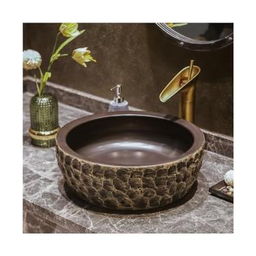 Imagem de Bacia de pia de vaso de banheiro lavatório de arte de cerâmica lavatório doméstico marrom antigo bacia de bancada redonda pia de banheiro varanda banheiro lavatório (42 x 42 x 15 cm) lavatório acima
