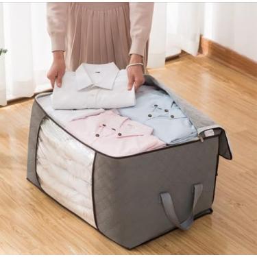 Imagem de Organizador de Roupas Dobrável com Zíper Duplo, Janela Transparente, Cinza, para Guarda-Roupa e Closet