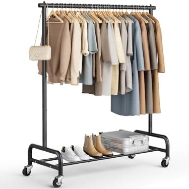 Imagem de MISSLO Suporte de roupas resistente para pendurar roupas, suporte portátil com rodas para casaco, vestuário, preto fosco (haste única)