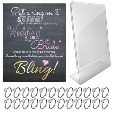 Imagem de Coloque um anel nele jogo de chá de panela com anéis falsos, decoração, jogos de chá de panela para convidados, jogos de chá de casamento (quadro-negro + 24 anéis pretos)