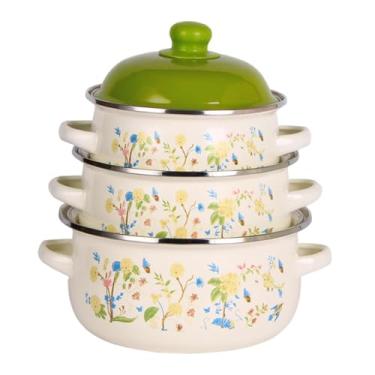 Imagem de ＫＬＫＣＭＳ 3x Panelas de esmalte para sopa, potes de design vintage, presentes, panelas de fundo plano para cozinhar, feijão cozido, panela para cozinhar em, Verde