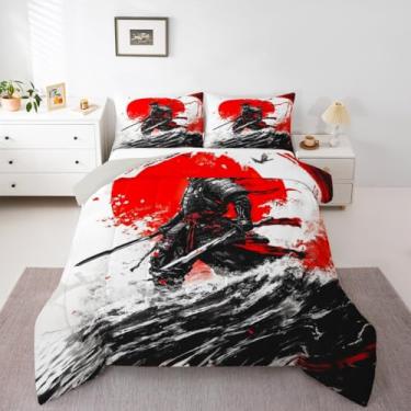 Imagem de jejeloiu Conjunto de cama Samurai macio para meninos e meninas, conjunto de edredom japonês, tamanho casal, vermelho, edredom de microfibra, onda japonesa, decoração de quarto, 3 peças com 2 fronhas