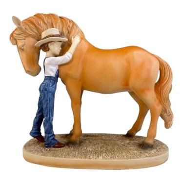 Imagem de Top Brass Estatueta de cavalo/criança – Estátua rústica de resina de fazenda, figura pintada à mão em macacão abraçando escultura de cavalo, decoração de casa ocidental country de 16,5 cm de altura