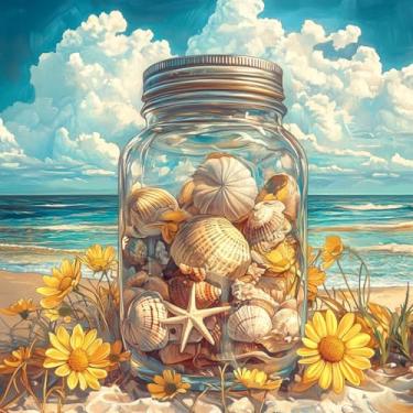 Imagem de VAIIEYO Kits de arte de diamante de concha de estrela do mar 5D DIY para adultos, garrafa de pintura de diamante, kit de pintura de diamante, tela de artesanato de strass redonda para decoração de