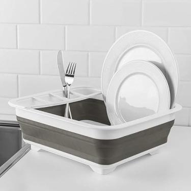 Imagem de Escorredor de Louça Dobrável, Branco e Cinza, Plástico, 36,5x31x12cm, Design Compacto para Cozinha, Organizador de Pratos e Talheres