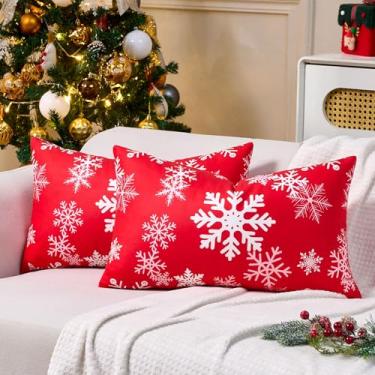 Imagem de HomGoodz Capas de almofada de Natal 30,5 x 50,8 cm, conjunto de 2 capas de almofada de sofá para decoração de sofá macias e curtas de floco de neve, decoração de férias de inverno para sofá, sala de