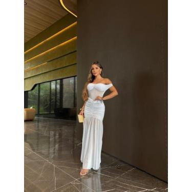 Imagem de Vestido Longo em Tule com Transparência Ombro a Ombro - luh may, Branc