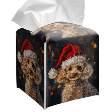 Imagem de Grace Yonks Capa quadrada de caixa de lenços de Natal, capa de cubo de chapéu de Papai Noel Poodle para lenços faciais, couro PU de 13 cm (054)