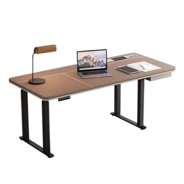Imagem de Mesa de trabalho Mesa de pé elétrica ajustável em altura, mesa couro para sentar e ficar com tomadas carregamento, marrom(S)