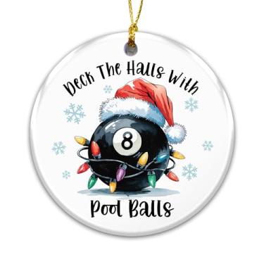 Imagem de Enfeite de deck The Halls com bolas de bilhar – Enfeites de Natal engraçados de bilhar com 8 bolas, chapéu de Papai Noel e luzes, presente esportivo para jogadores de piscina, donos de bar e decoração